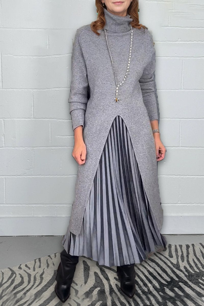 Women's Turtleneck Long Sleeve Sweater Skirt Suit grey