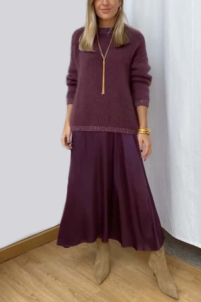 Women's knitted long sleeve top and satin skirt set Purple