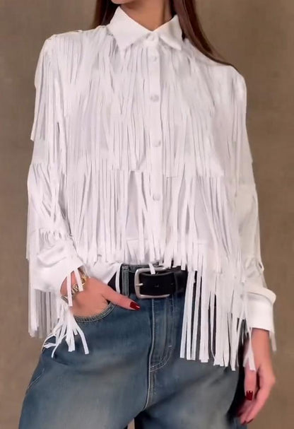 women's casual fringed shirt white