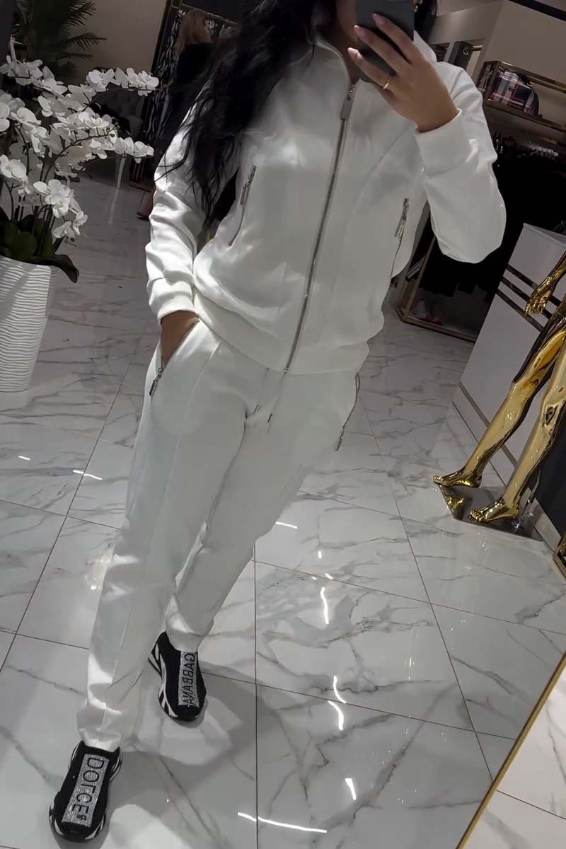 Women's Casual Zip Sweatshirt and Pants Set White