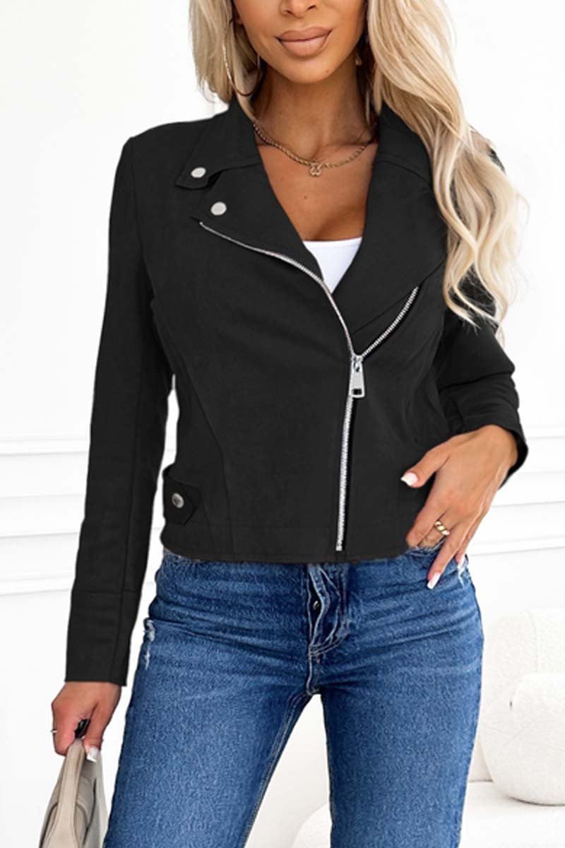 Women's Fashion Zipper Lapel Jacket Black