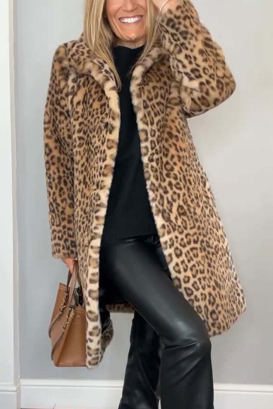 Women's Fashionable Leopard Lapel Faux Fur Winter Mid-Length Coat Khaki