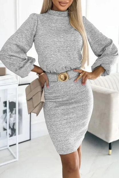 Women's Round Neck Fashionable All-match Dress with Belt grey