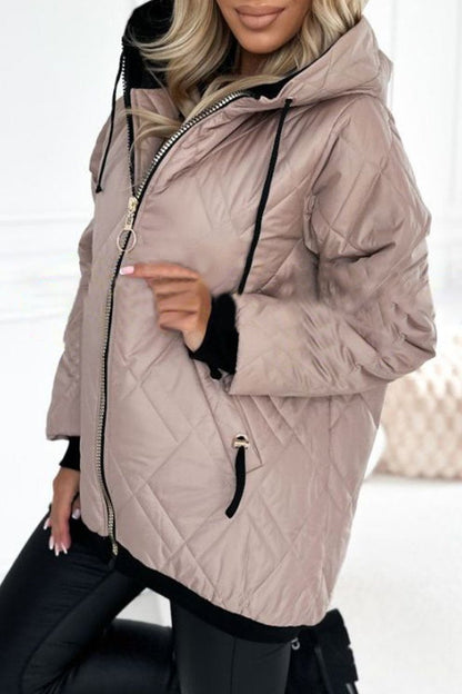 Women's Hooded Zipper Side Button Design Casual Coat