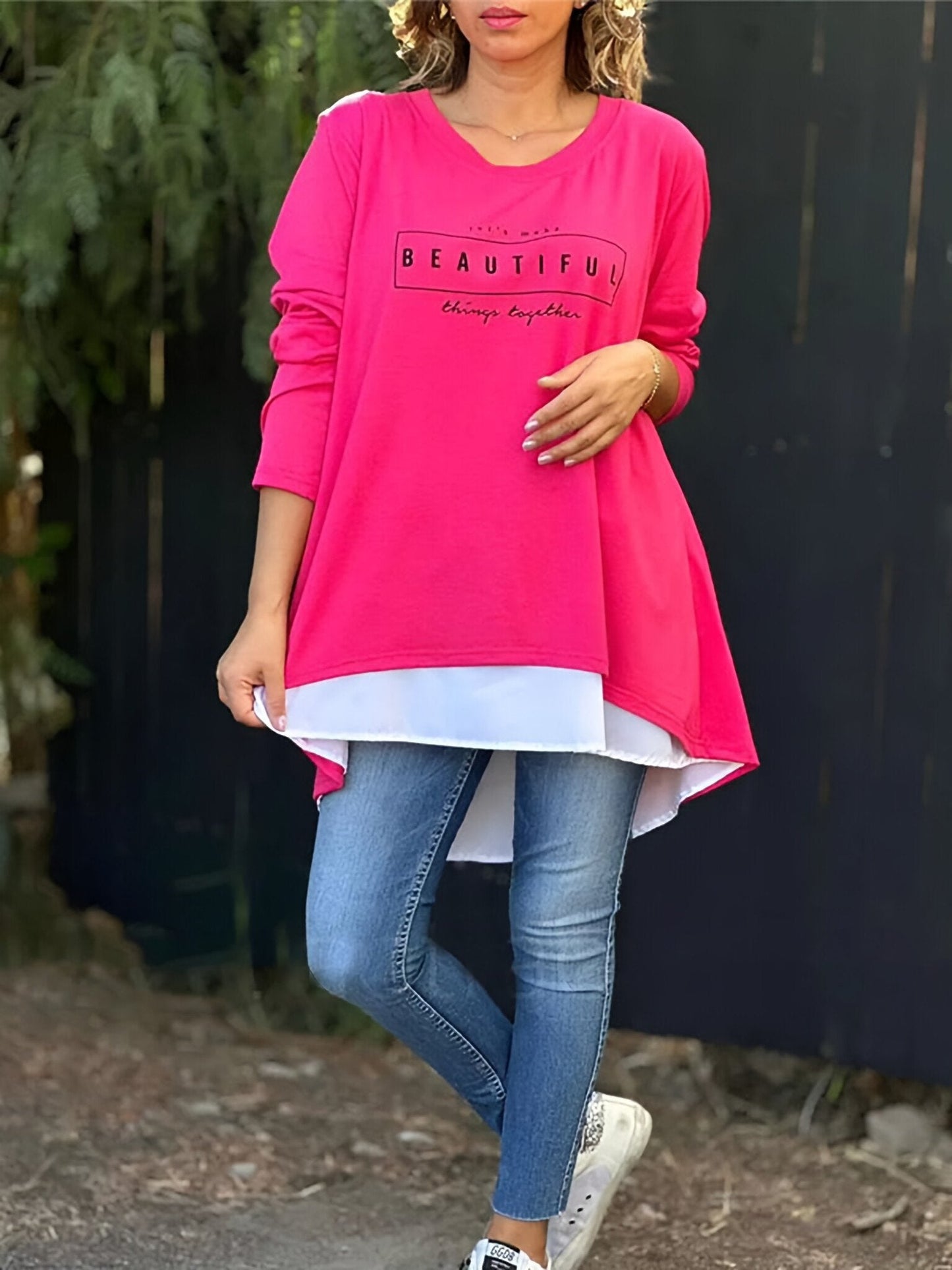 Letter Print Fake Two Piece Long Sleeve T-shirt Rose pink