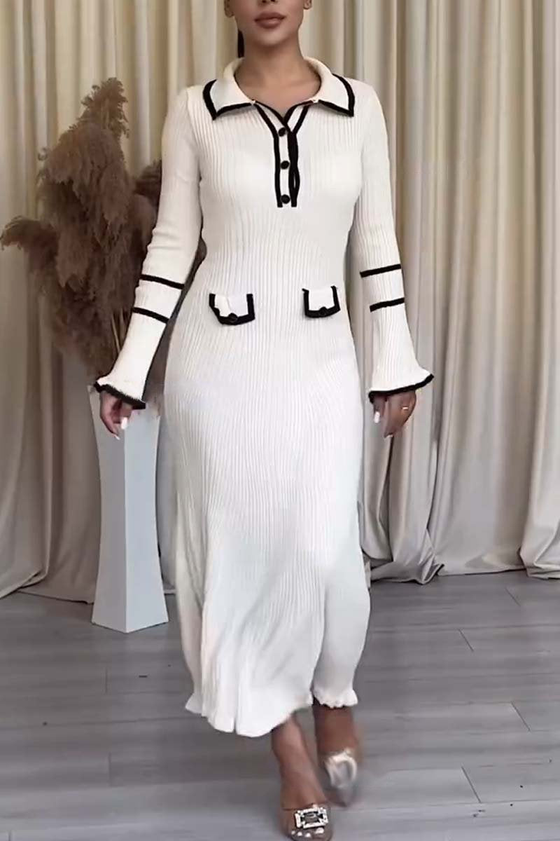 Women's Elegant Slim Contrast Bell Sleeve Knitted Dress Off White