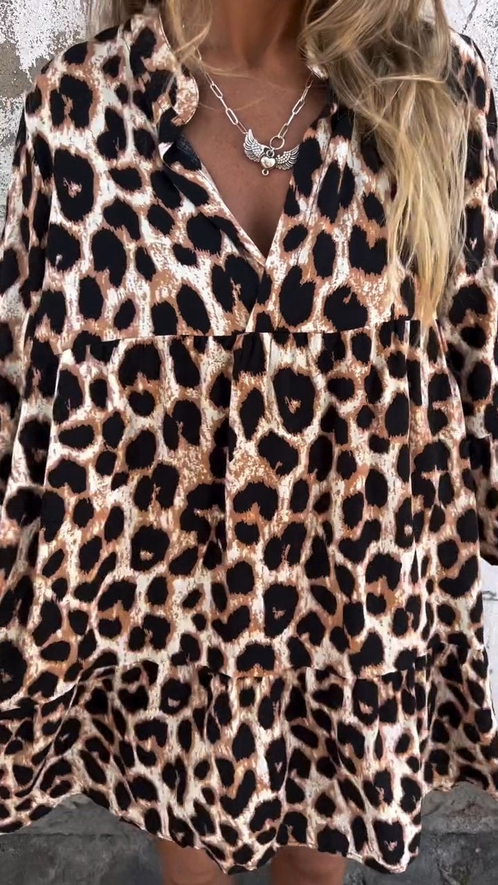 V-neck Long-sleeved Leopard Print Dress