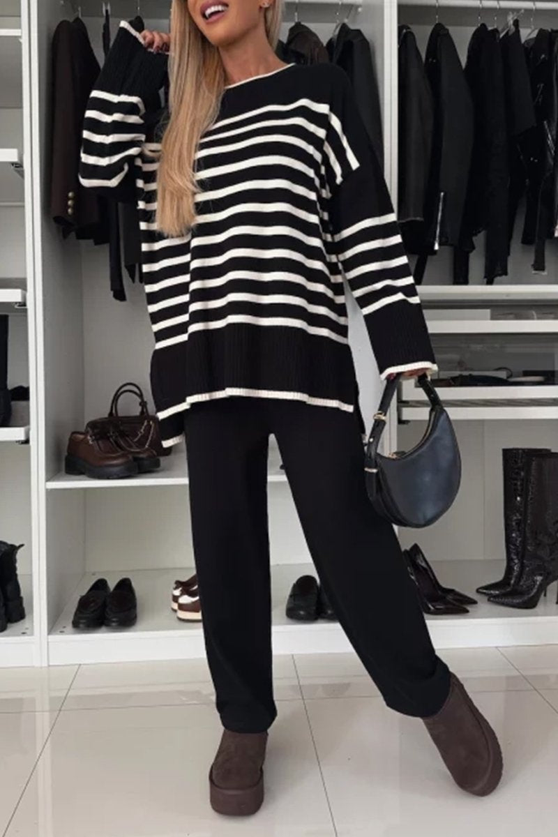 Women's Multi-colored Striped Crew Neck Pullover Casual Knit Suit black