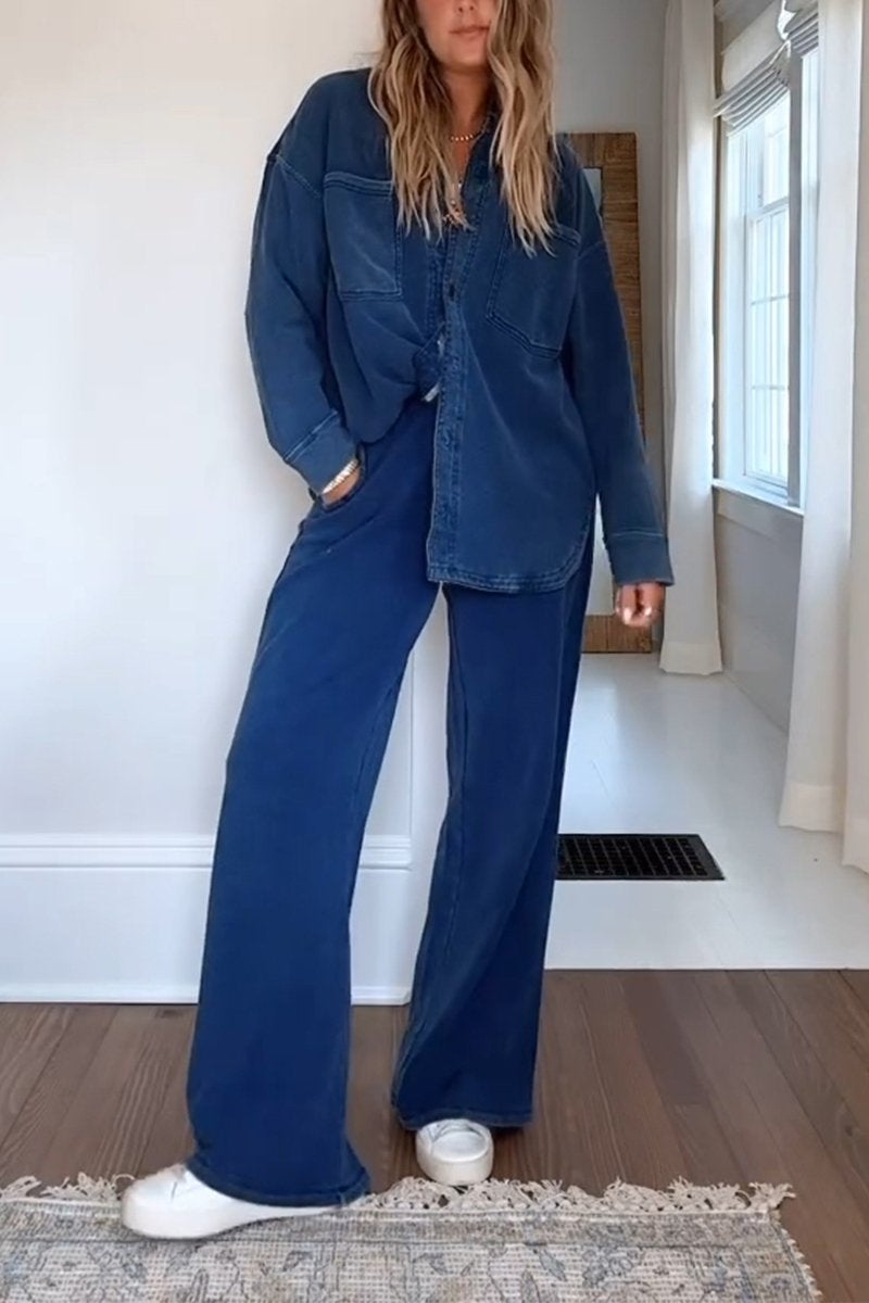 Women's Casual Lapel Single-breasted Denim Two-piece Suit blue