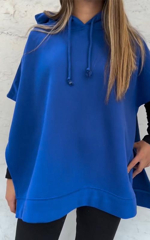 Women's Solid Color Hooded Short-sleeved Sweatshirt blue