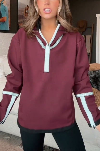 Women's Casual Hooded Half-zip Jacket wine red