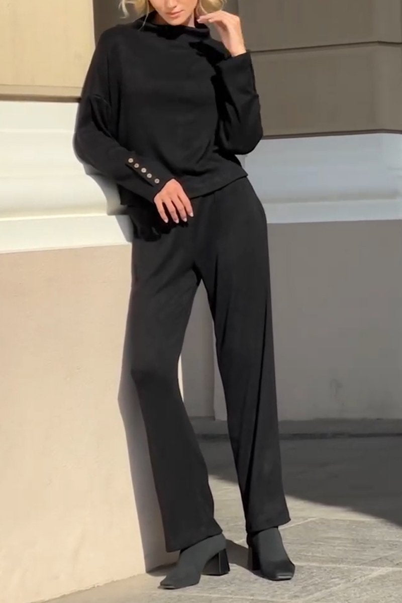 Women's Casual Round Neck Long Sleeve Two Piece Suit black