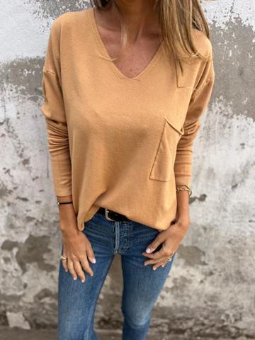 Casual V-neck Long-sleeved Top Khaki