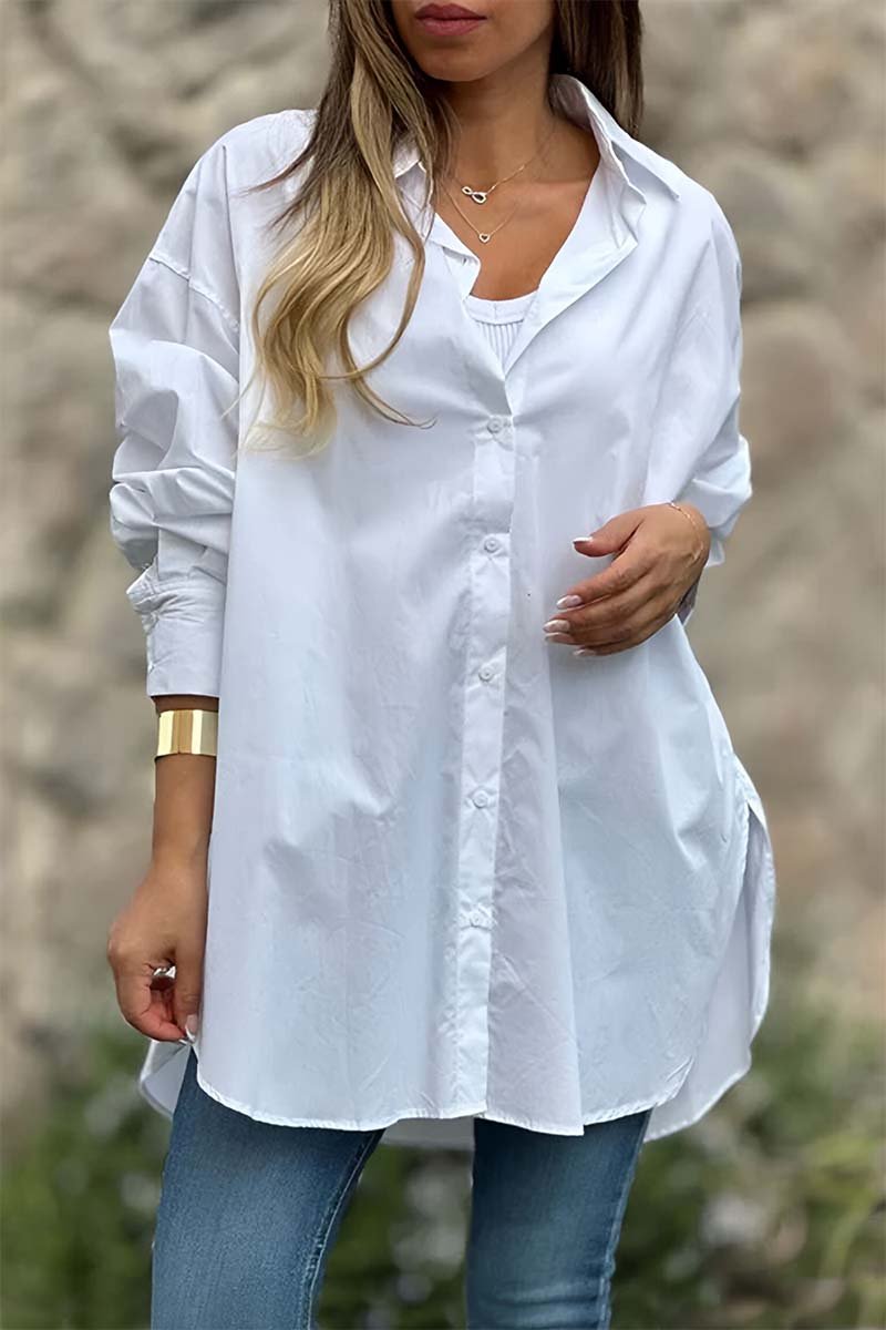 Women's Casual Solid Color Lapel Shirt White