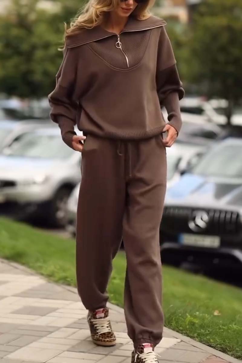 Women's casual half zip top and pants suit Brown