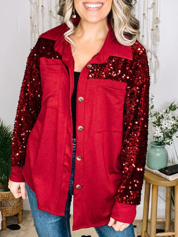 Ladies Lapel Sequined Casual Shirt red