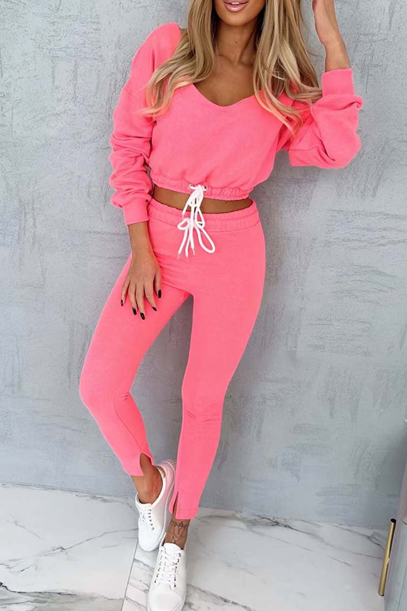 Women's Casual Drawstring Cropped Sweatshirt Set Pink