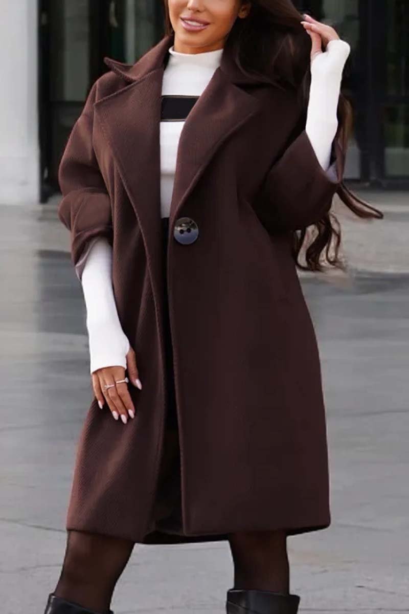 Women's casual loose solid color mid-length woolen coat Brown