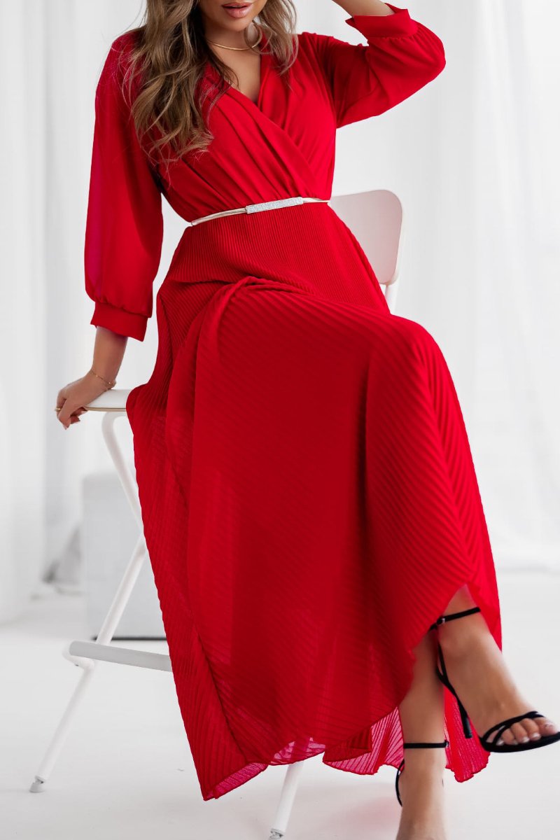 Women's Elegant V-neck Long Sleeve Chiffon Dress