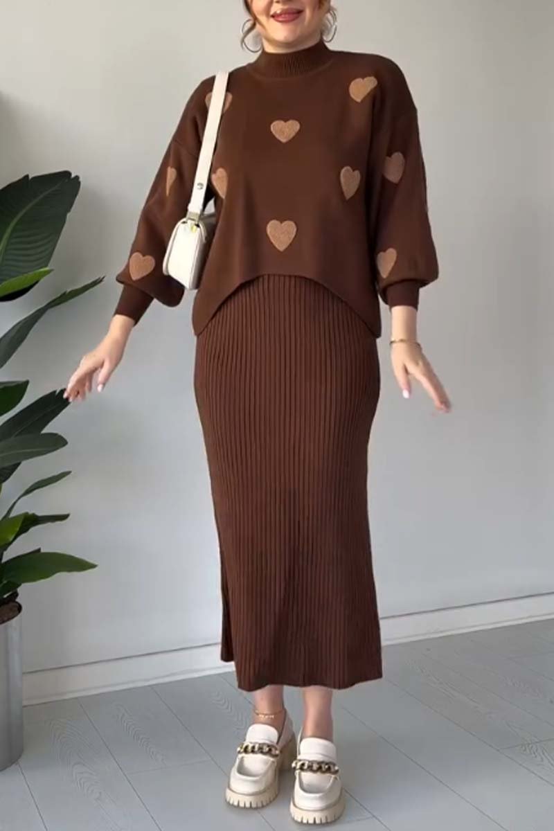 Women's fashion long-sleeved two-piece dress brown