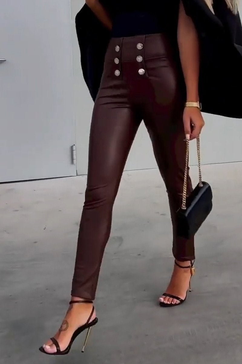 Women's Casual High Waist PU Leather Pants brown