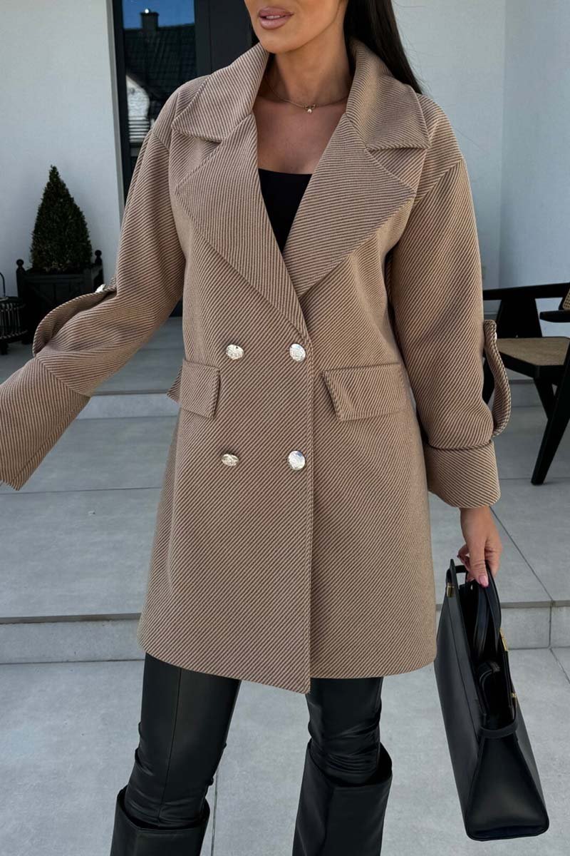 Women's Solid Color Double Breasted Coat Jacket Khaki