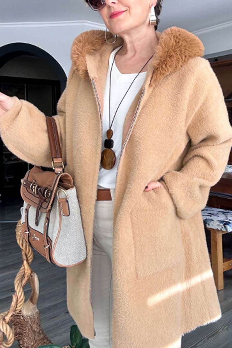 Women's casual loose fur collar knitted mid-length coat