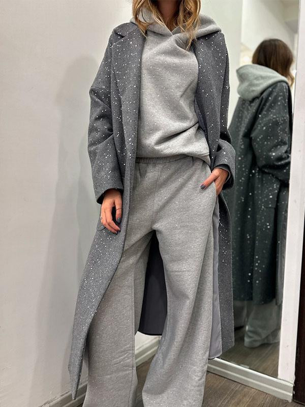 Women's Sequined Lapel Long Coat grey