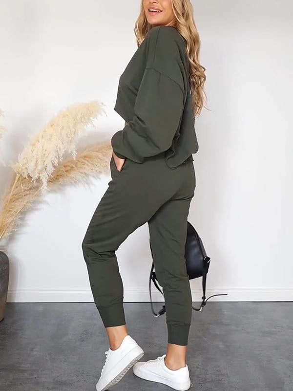 Women's Casual Round Neck Solid Color Two Piece Suit dark green