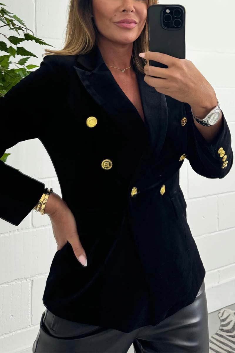 Women's Velvet Gold Button Blazer Black