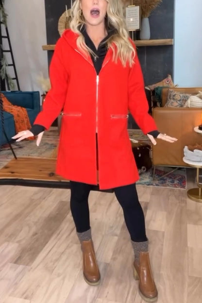 Women's Casual Hooded Mid-length Coat red