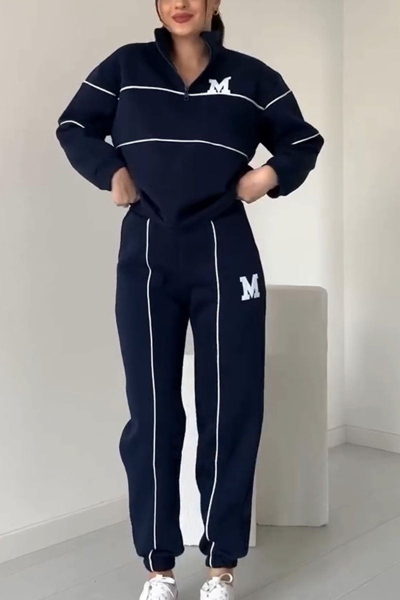 Women's Casual Letter M Long Sleeve Two Piece Set navy