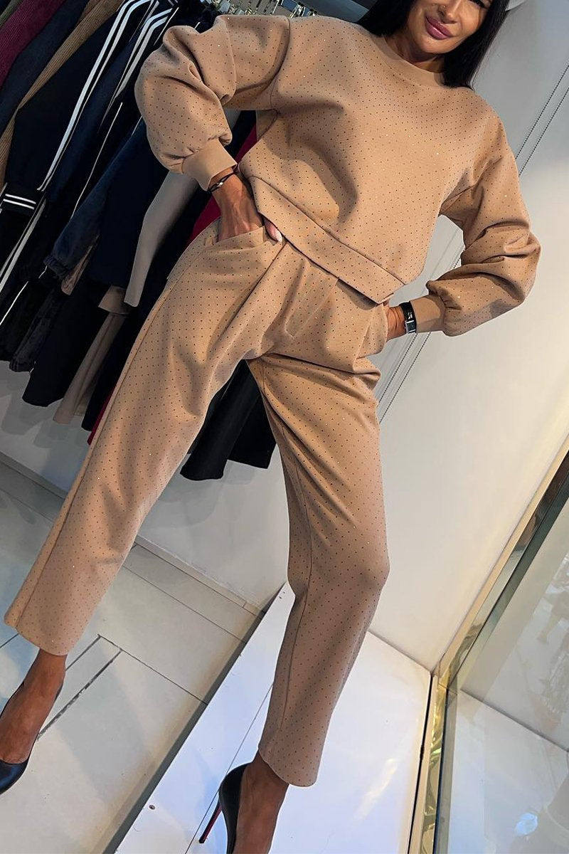 Women's Casual Round-neck Shiny Two-piece Suit apricot