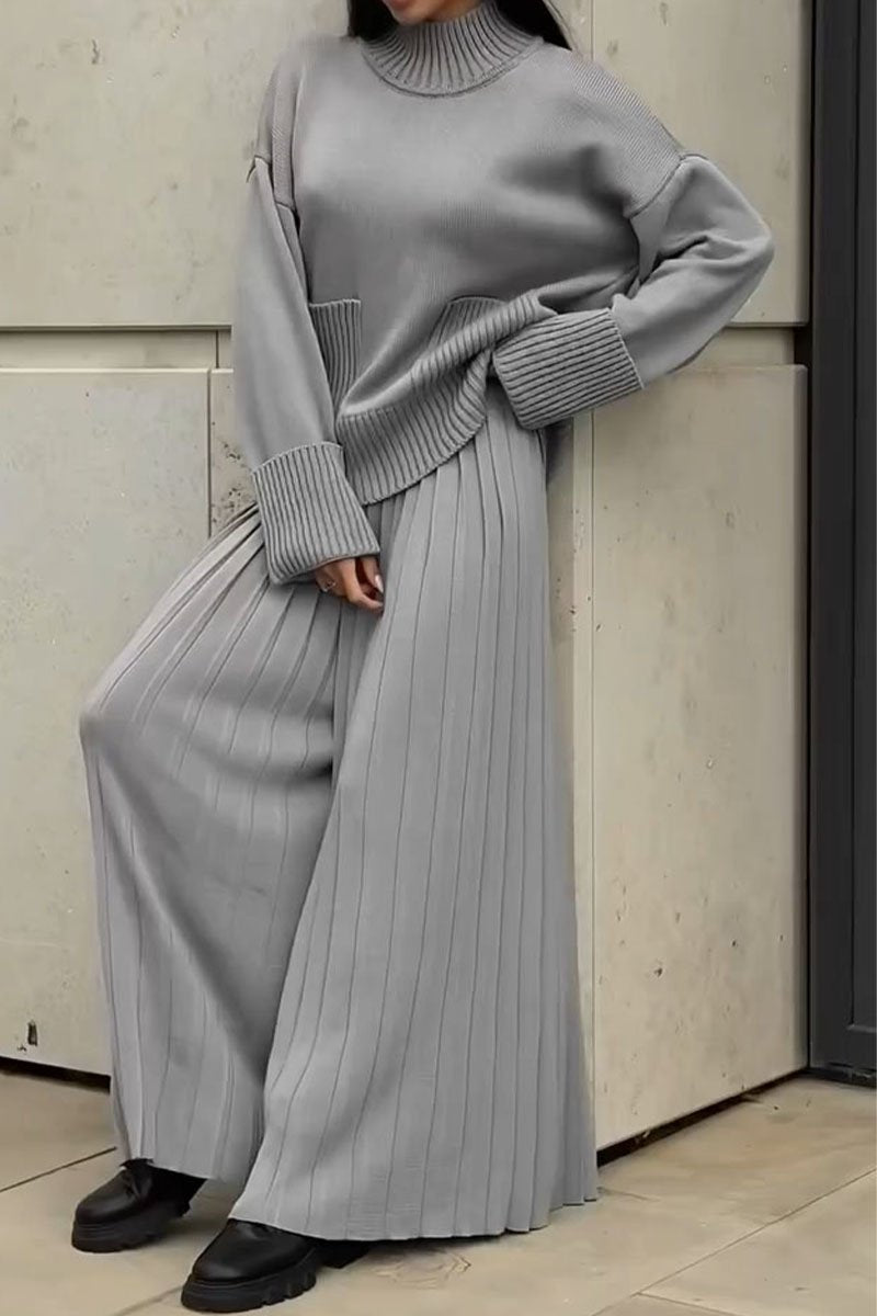 Women's Turtleneck Long Sleeve Sweatshirt Two Piece Set grey