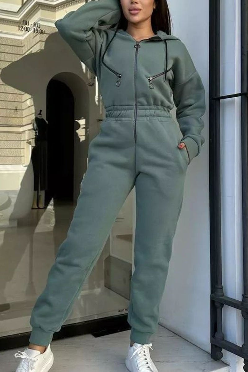 Solid Color Zipper Long Sleeve Jumpsuit green