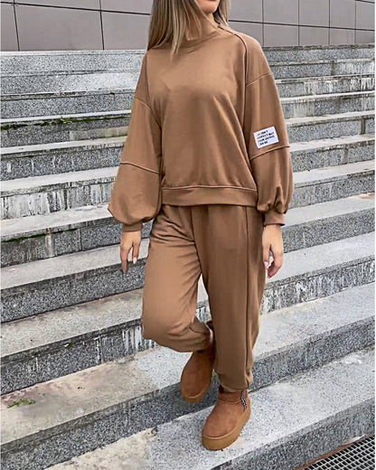 Women's Two-piece Solid Color Loose Sweatshirt Suit Brown