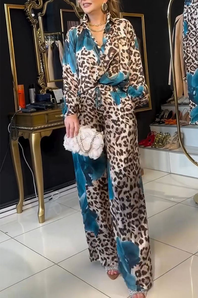 Women's V-neck Long-sleeved Leopard Print Two-piece Suit