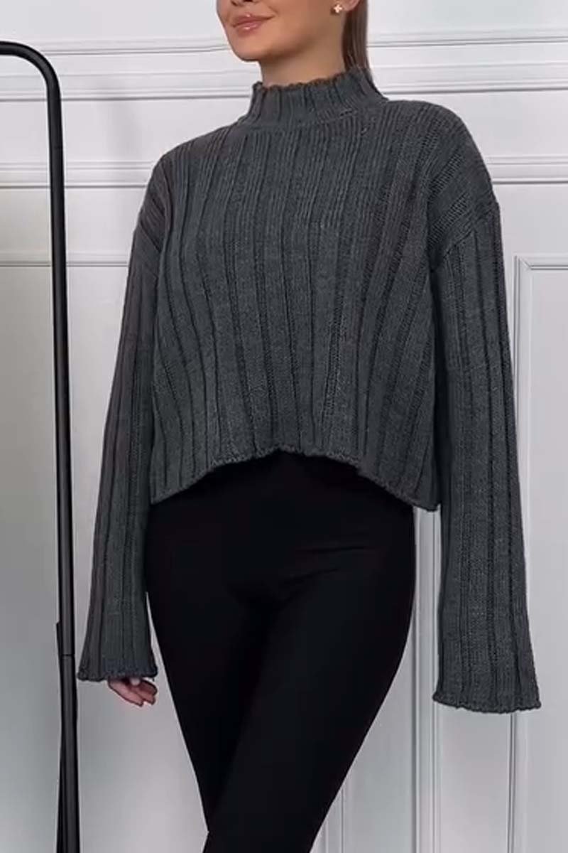 Women's Casual Wide Stripe Solid Color Short Sweater Gray