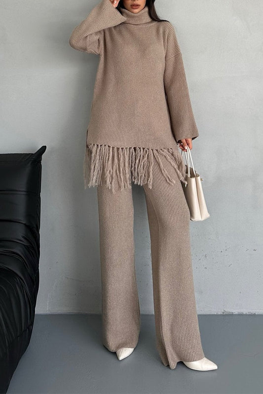 Women's Casual Round Neck Solid Color Two Piece Suit Khaki