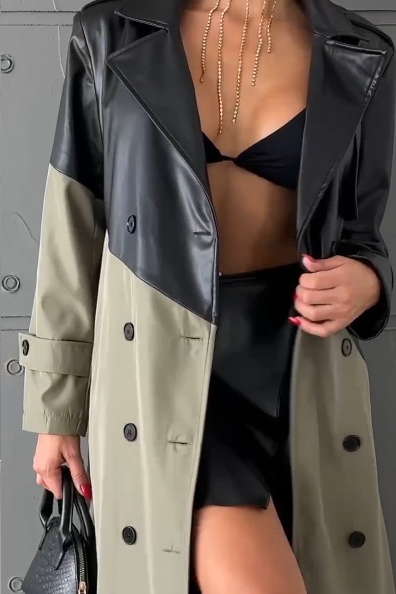 Women's leather patchwork long trench coat