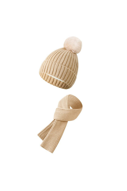 Knitted Hat, Double-layer Fleece Warm Wool Scarf, Gloves, Three-piece Set beige-two-piece set One size