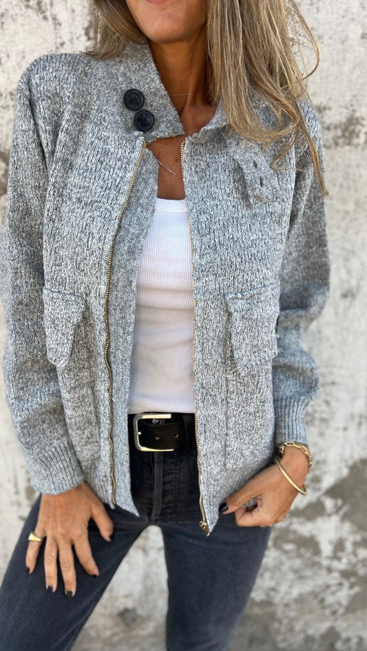 Women's Autumn Lapel Long Sleeve Knitted Sweater Coat gray