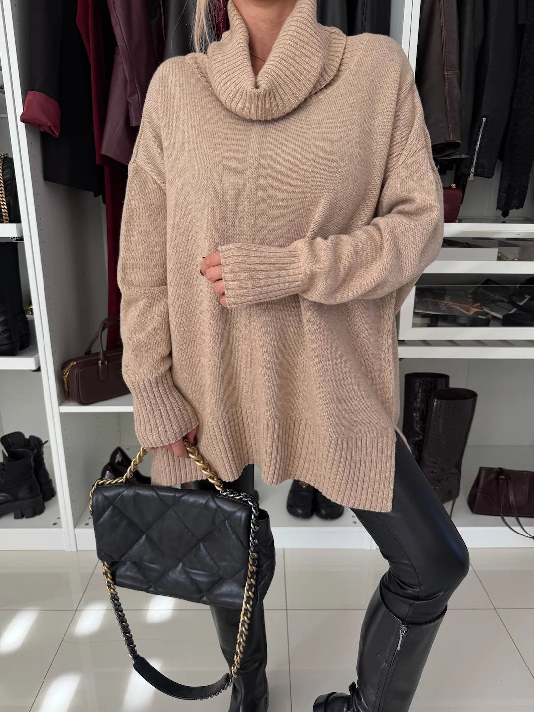 Women's High Collar Long Sleeve Casual Split Sweater beige