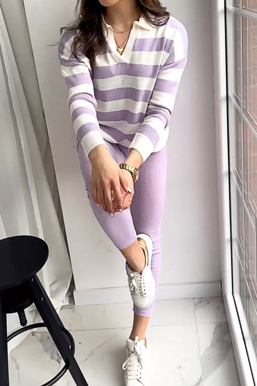 Women's V-neck Striped Top and Pants Two-piece Set Purple