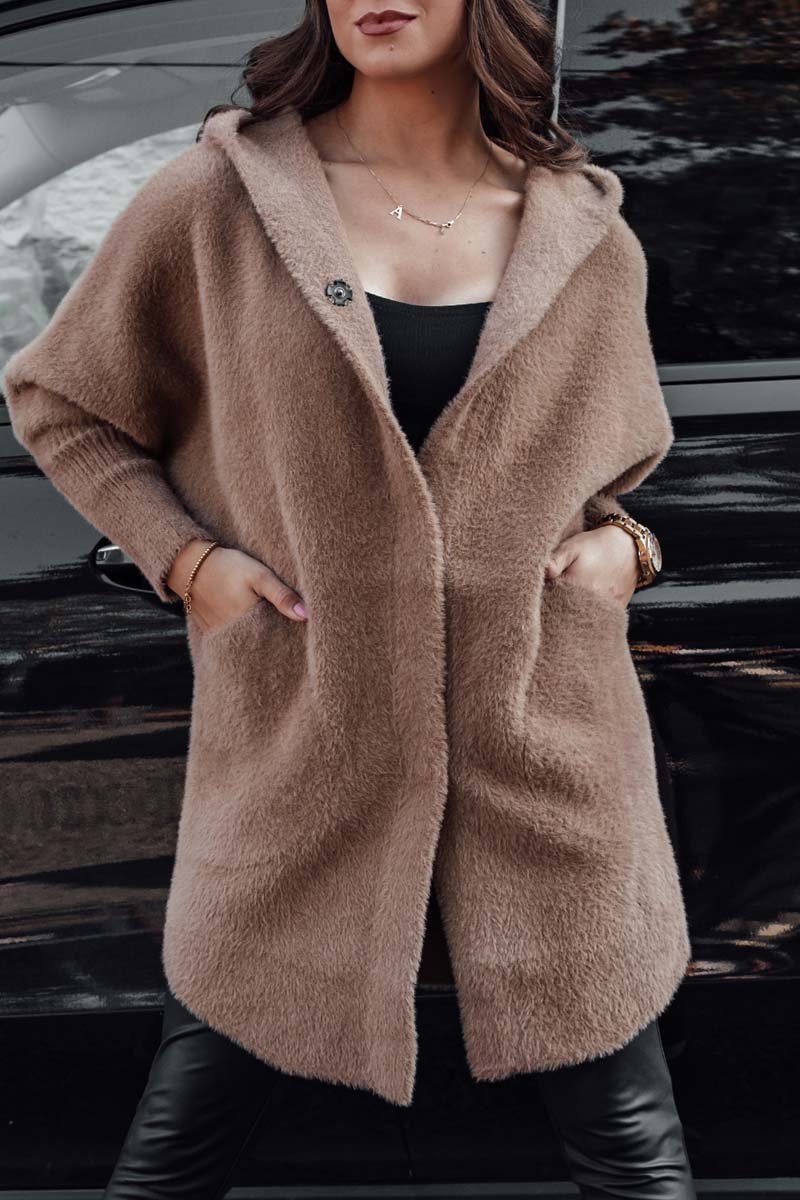 Women's Casual Loose Dolman Sleeve Plush Hooded Coat Brown