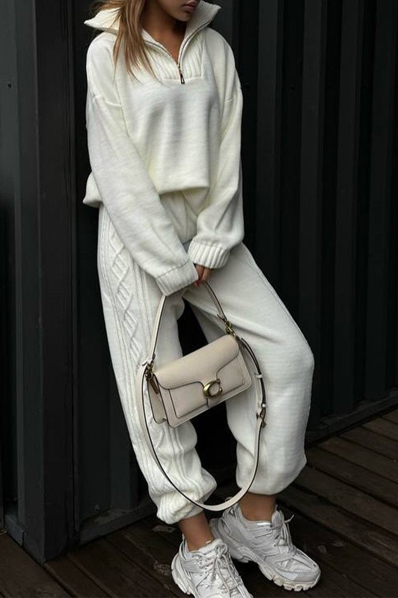 Women's Half-zip Lapel Knitted Casual Sweater Suit white