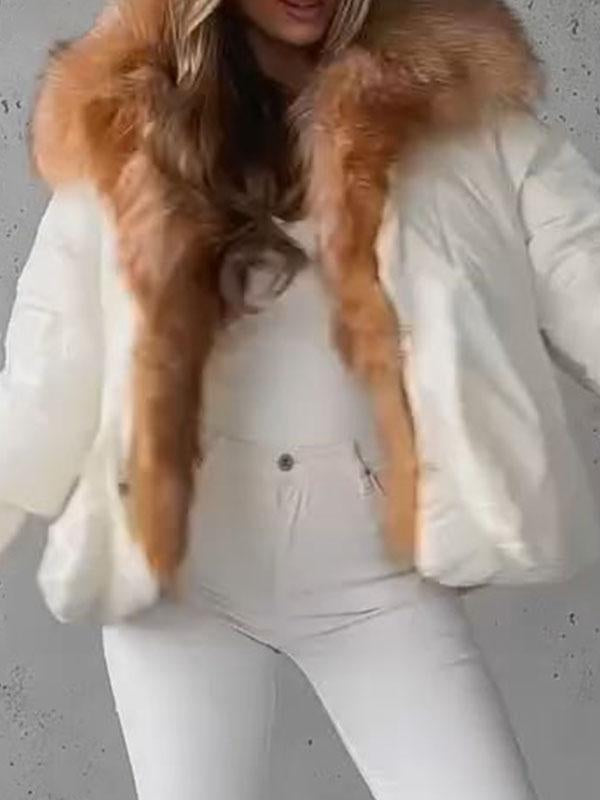 Women's Fur Collar Long Sleeve Patchwork Coat white