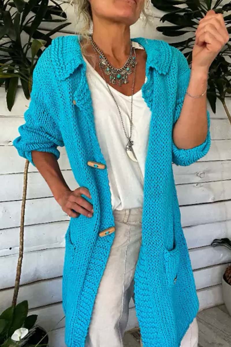 Women's Casual Solid Color Lapel Thick Thread Sweater Knitted Cardigan Blue