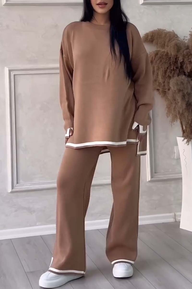 Women's Slit Long Sleeve Sweater High Waist Pants Suit Brown