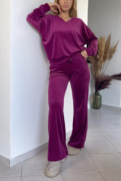 Women's Casual V-neck Suede Two-piece Suit purple